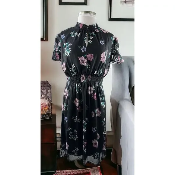 NWT Lane Bryant Floral Dress Black Smocked Keyhole Chiffon Plus Size 24 P - Picture 1 of 13